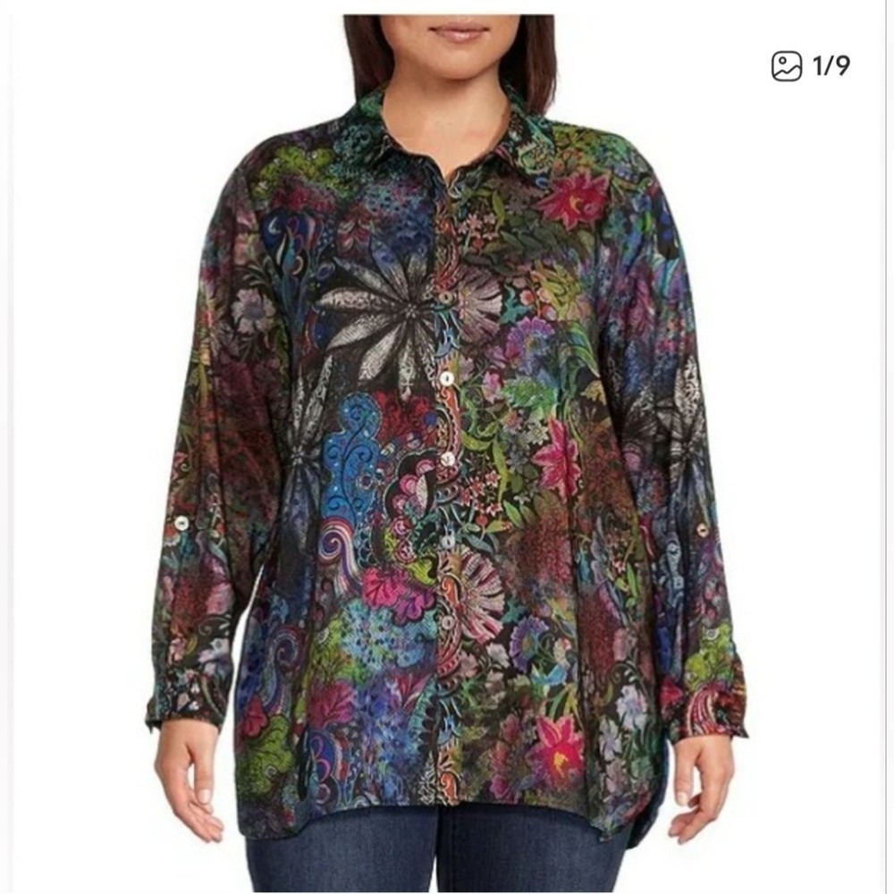 John Mark Mixed Print Satin Point Collar Roll Tab Sleeve Button Front Blouse 2X